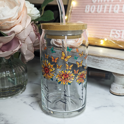 Faith Hope Love - Sunflowers & Butterflies - 16 oz - Glass