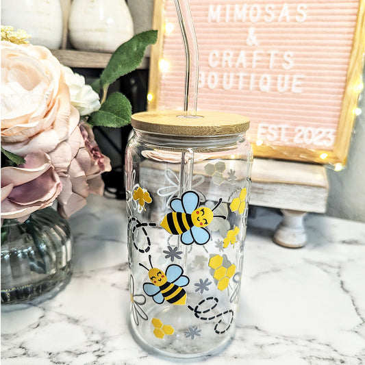 Happy Bees & Flowers - 16 oz - Glass - *SPRING CLEANING SALE*