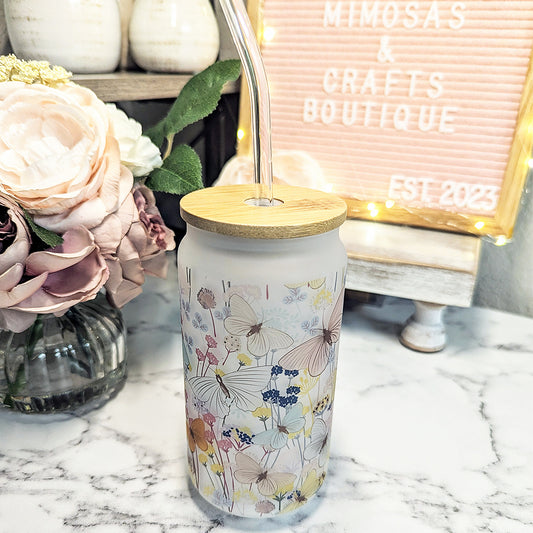 Pastel Floral + Butterflies - 16 oz - Sublimated Glass - *SPRING CLEANING SALE*