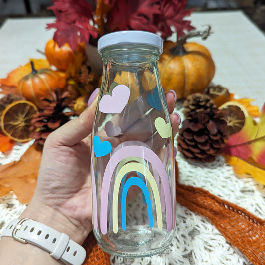 Rainbows + Hearts - 12 oz - Milk Glass Bottle - *SPRING CLEANING SALE*